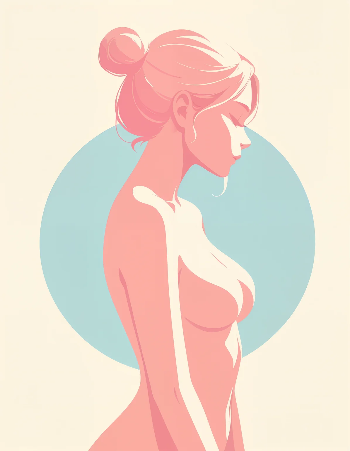 minimalistic, flat color, no lineart, 1girl, side view, silhouette, hair bun, perfect body, nude, naked, simple colorful background