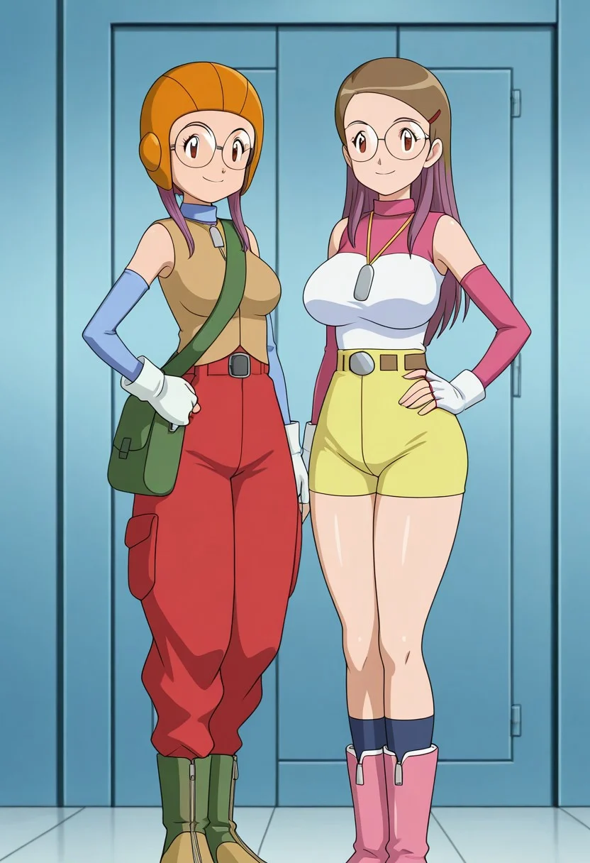anime screencap, anime art style, digimon adventure 02, duo, couple, thick thighs, wide hips, large breasts, saggy breasts, 2girls,
BREAK
(1girl, yolei inoue,1 character, baggy pants, orange aviator helmet, round glasses, blue long-sleeve shirt, brown vest, white gloves, red high-waisted pants, green knee-high boots, gloves, glasses, helmet, boots, purple hair, smile, long hair, pants, vest, white gloves, standing, bag, hand on hip,)
BREAK
(2girl, kari kamiya,2 Character, 1outfit, short brown hair, anime girl, futuristic outfit, pink long sleeves, fingerless gloves, sleeveless white top, yellow shorts, high boots, pink and white boots, pendant necklace, gloves, brown hair, brown eyes, smile, fingerless gloves, shorts, yellow shorts, hair ornament, short hair, hairclip, standing, elbow gloves, socks,)