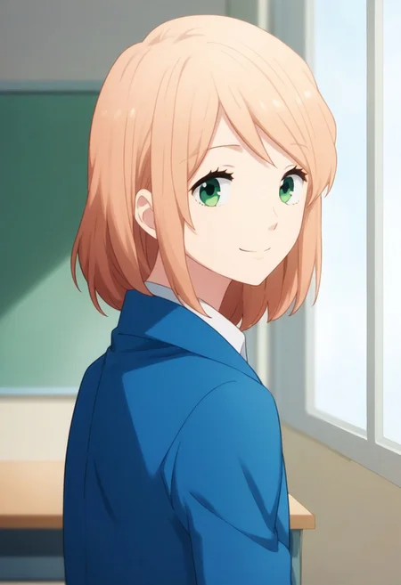 score_9, score_8_up, score_7_up, source_anime, highly detailed,
anna, solo, green eyes, 1girl, looking back, peach blonde hair, smile, medium hair, school uniform, jacket, blue jacket,
indoor, classroom, smile,