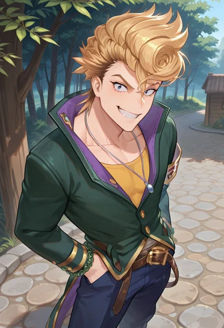 masterpiece, best quality, newest, extreme detail description, amazing quality, 1boy, solo, tsub4s4_gbf, blonde hair, two-tone hair, pompadour, black eyes, necklace, yellow shirt, green jacket, armband, bracelet, leather belt, blue pants, footwear, hand in pocket, toothy grin, looking at viewer, outside, sunny, blue skies, from above, trees, tree leaves, cobblestone