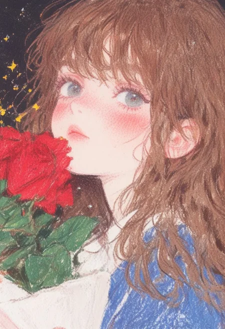 hu99y, score_9,score_8_up,score_7_up, 1girl, solo, close-up portrait, anime, freckles, blush, long hair, bangs, brown hair, blue sweater, holding a bouquet of roses, black background, sparks