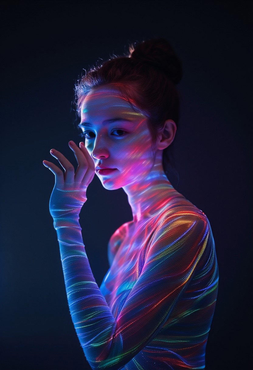 dark,caustics,colorful,gorgeouslightandshadow,fullbody,Thegirl'spaleskin,herlipsareslightlyopentorevealherteeth,andherblueeyesareblurryanddreamy.mottledlightandshadow,portrait,black_hair,3d game character,style of Light painting