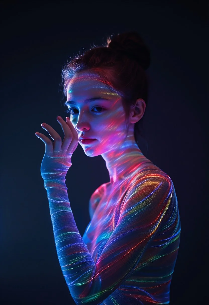 dark,caustics,colorful,gorgeouslightandshadow,fullbody,Thegirl'spaleskin,herlipsareslightlyopentorevealherteeth,andherblueeyesareblurryanddreamy.mottledlightandshadow,portrait,black_hair,3d game character,style of Light painting