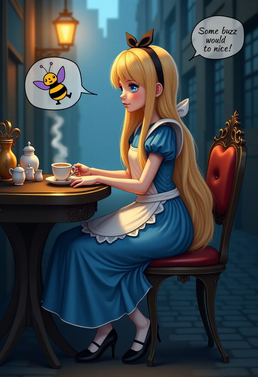 score_9, score_8_up, score_7_up, score_6_up,evi@decrepPunk, side view, 1girl, long blonde hair, DisneyAlice, adult , 30yo, 1girl, , blue eyes, , hairband, petite body, aliceinwonderlandoutfit, ((android hands), (android legs) , speech cute , shy, sitting at chair, teatable, cup of tea, <((speech bubble, "Some buzz would be nice!" in the speech bubble))>
in the CyberpunkWorld city center, dynamic lighting, dramatic and magical,