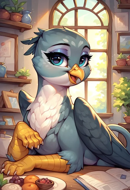 masterpiece, score_9, score_8_up, score_7_up, score_6_up, (best quality:1.1), ultra-detailed, high resolution, 1girl, gabby, feral, griffon, g4, female, eyeshadow, happy, indoors, home background, tail, high quality, sharp, the quality of ai art is frightening, watercolor, highly detailed, (beautiful detailed eyes), Long eyelashes, Highly Visible, sharp focus, perfect lighting, beautiful eyes, long eyelashes, anatomically correct, extremely detailed, shine on body, high detail, cute, Expressiveh, detailed background, OverallDetail, zPDXL2
