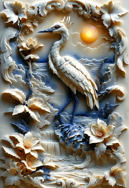 artistic relief, sculpture, fine carved from lapis lazuli and translucent alabaster, This breathtaking realistic relief features a majestic crane gracefully gliding through the water at either sunset. The warm glow of the sun casts an ethereal light upon its feathers and creates a sense of tranquility in the scene. The water splashes around it adding to the dynamic movement of the composition. The fantasy art style infuses the carving with a touch of magic making it truly enchanting. The level of detail in the crane's feathers ripples in the water and even the sunlight is astonishing showcasing the artist's mastery of realistic carving techniques. Overall this piece exudes beauty and elegance reminiscent of Anne Stokes captivating artwork,
<lora:artfullyTREEBIRD_SDXL_V1-000003:1>
<lora:TQ_-_Relief_Paintings_XL-000006:1>
BRYO-XL