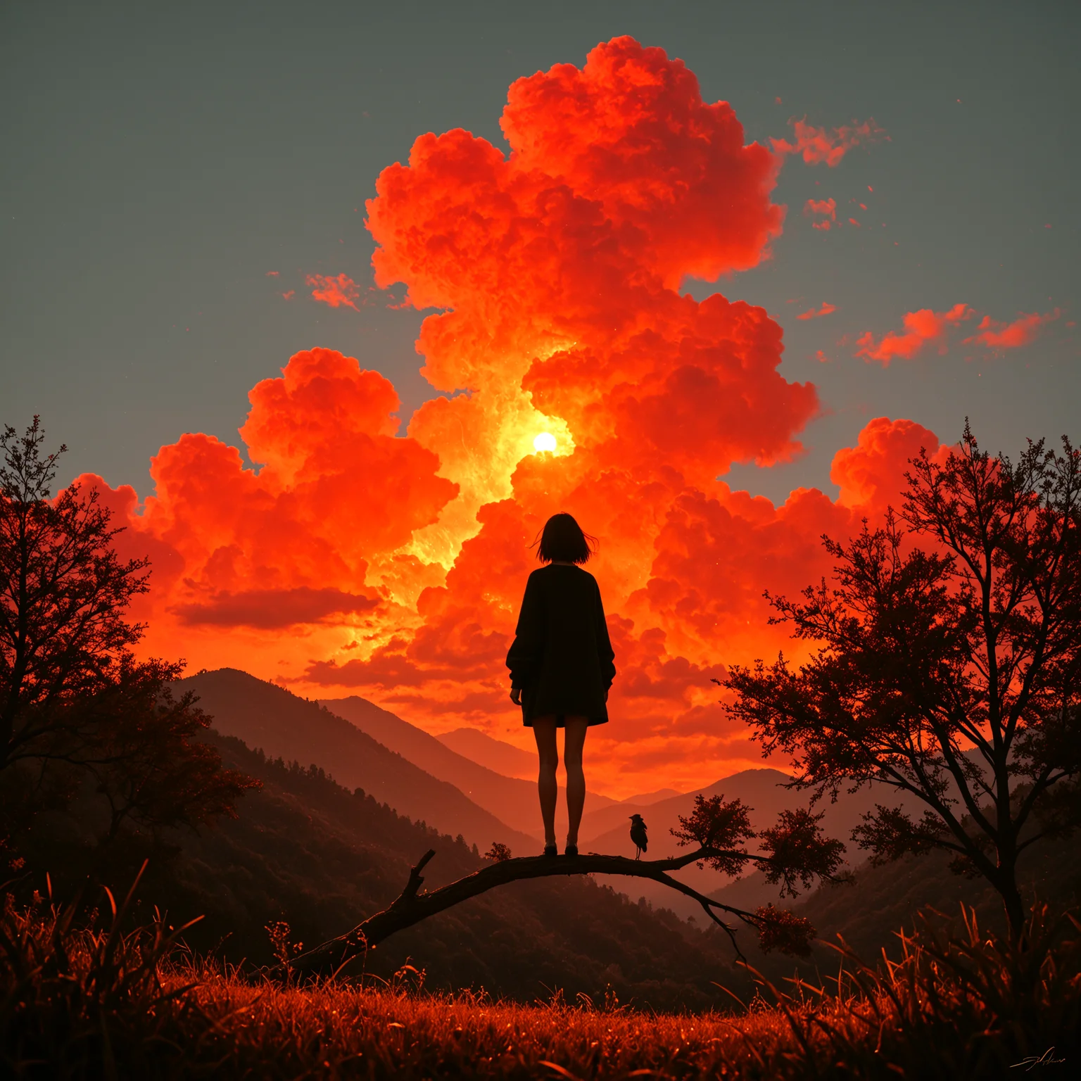 <lora:1IL\BSS_Styles\LDSCH_v2_modified.safetensors:0.26>, <lora:1IL\Styles\YTSKX-WAI.safetensors:0.17>, <lora:1IL\Styles-Surreal\Infrared_Glow_Illu_Edition.safetensors:0.41>, masterpiece, newest, absurdres, best quality, amazing quality, very aesthetic, ultra-detailed, highly detailed, realistic, BREAK, 1girl, scenery, horror \(theme\), nature, glow, simple 3d geometric background, perspective, golden hour, blurry, surreal, grass, glowing, cloud, from behind, grey sky, plant, facing away, white background, sky, landscape, sunlight, wide shot, outdoors, looking up, mountainous horizon, hill, bare legs, black hair, forest, tree, signature, sunset, standing on branch, twilight, short hair, depth of field, red clouds, solo focus, orange theme,