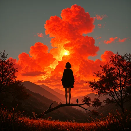 <lora:1IL\BSS_Styles\LDSCH_v2_modified.safetensors:0.26>, <lora:1IL\Styles\YTSKX-WAI.safetensors:0.17>, <lora:1IL\Styles-Surreal\Infrared_Glow_Illu_Edition.safetensors:0.41>, masterpiece, newest, absurdres, best quality, amazing quality, very aesthetic, ultra-detailed, highly detailed, realistic, BREAK, 1girl, scenery, horror \(theme\), nature, glow, simple 3d geometric background, perspective, golden hour, blurry, surreal, grass, glowing, cloud, from behind, grey sky, plant, facing away, white background, sky, landscape, sunlight, wide shot, outdoors, looking up, mountainous horizon, hill, bare legs, black hair, forest, tree, signature, sunset, standing on branch, twilight, short hair, depth of field, red clouds, solo focus, orange theme,