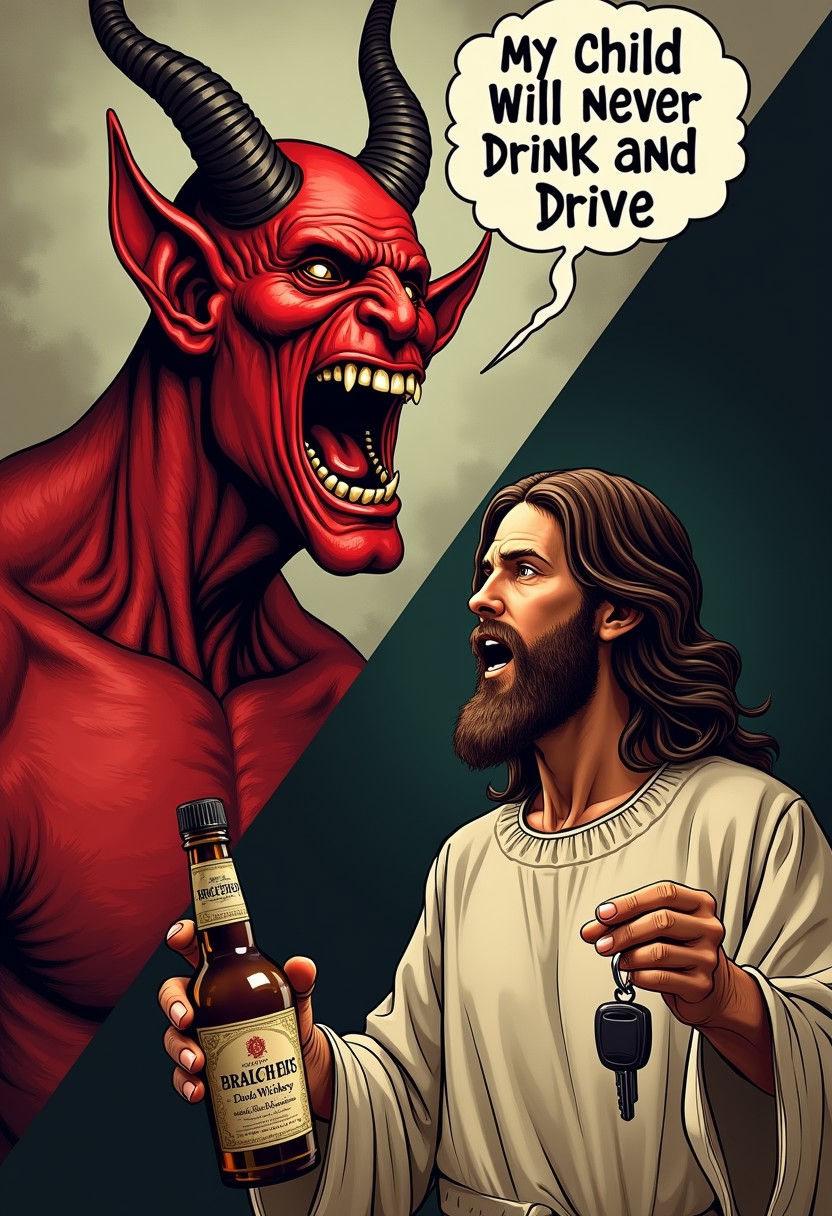 A two panel image split diagonally. On the top left panel there is a smiling face of a horrible horned red demon (satan) with his mouth open. A speech bubble with letters spelling out "my child will never drink and drive". On the bottom right panel is the kind  face of Jesus, handing the viewer a bottle of whiskey and a set of car keys
4k, masterpiece, make the text legible.