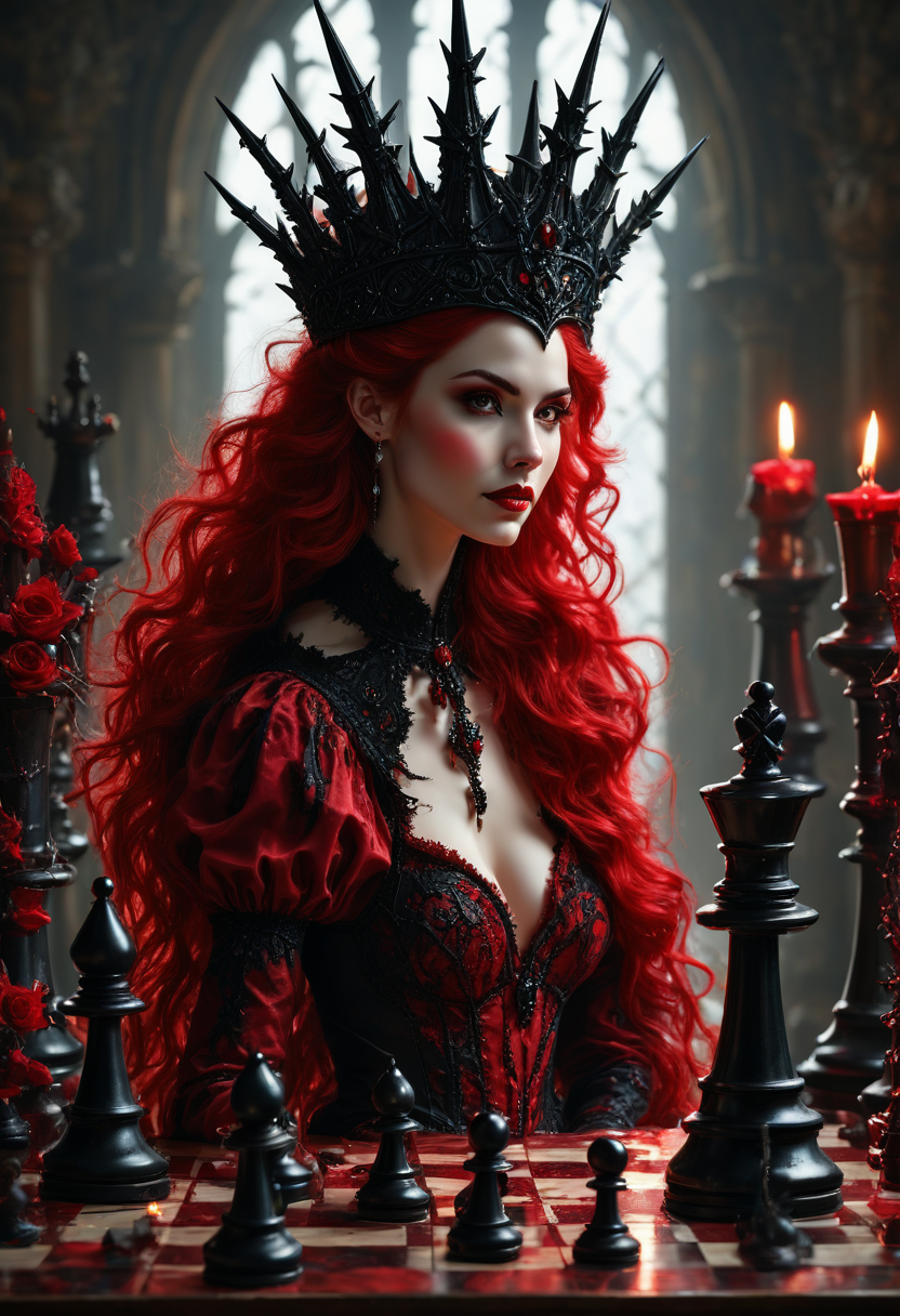 UnderlandRedQueenDaal, masterpiece, best quality,    Thorn Throne, red queen, throne of rose thorns, tangled hair, fire crown, smirk, bloodred eyeshadow, chess pieces, jewel tones, deep shadows, rembrandt lighting, vogue cover composition