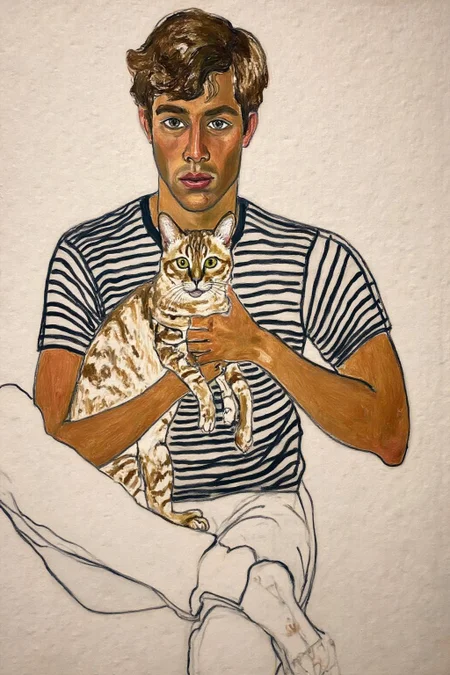 aliceneel2 painting.
A tanned young man with wavy brown hair, in a striped T-shirt and white pants, sits cross-legged, holding a tabby cat. He is looking at the viewer. The background is a textured, off-white surface. <lora:aliceneel2_d8a4:1.0><lora:866281869719668977:0>
