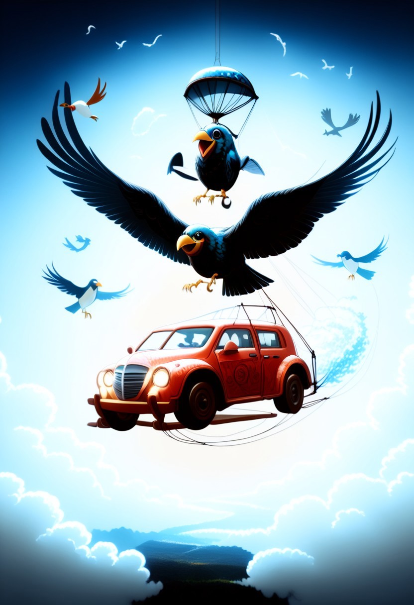 ppstorybook, A whimsical, flying van made of shingles with rainbow-colored paint and oversized wheels, soaring through the clouds with balloons made of shingles trailing behind, surrounded by fluffy clouds made of shingles and playful birds made of shingles , depicted in a cheerful, cartoonish style with soft pastel hues. mad-shingles