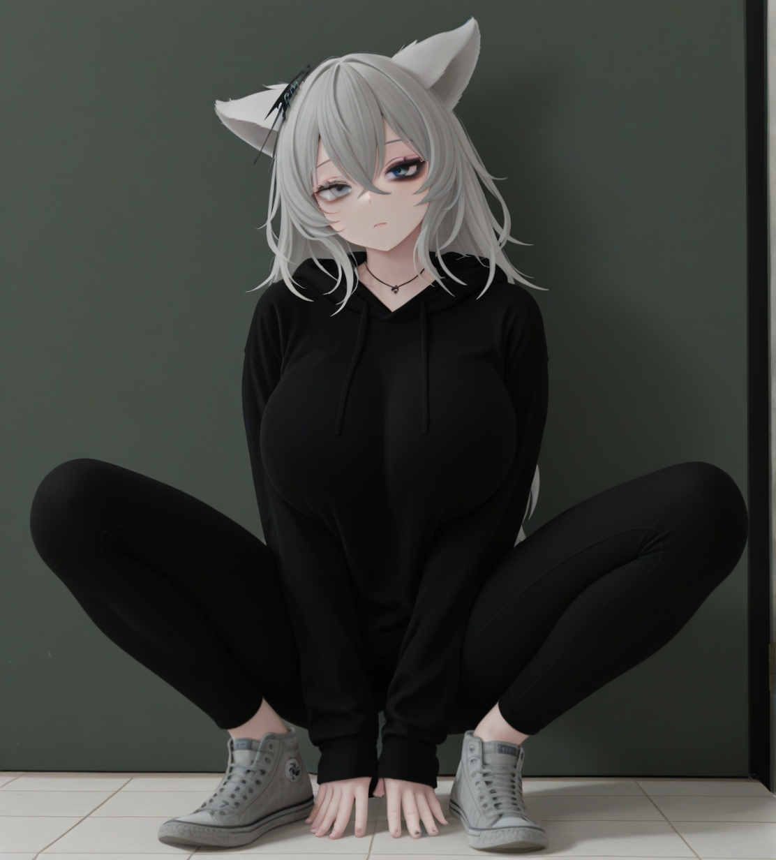 <lora:Mmmm_wolf_girl:1>,1girl, huge breasts, 
Mmmm wolf girl,animal ears,wolf ears,long hair,grey hair,hair between eyes,crossed bangs,grey eyes,heterochromia,
hair ornament,
necklace,
black hoodie,sleeves past wrists,
black pants,
grey sneakers,
very awa, masterpiece, best quality, highres, absurdes,amazing quality,very aesthetic,intricate details, <lora:hand 5.5:1>