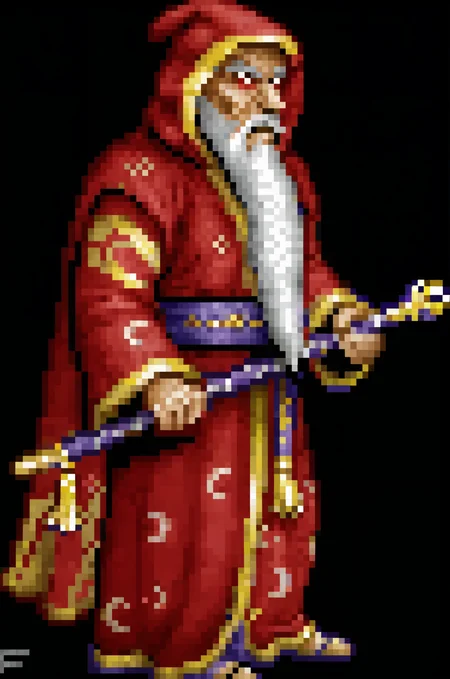 score_9, score_8_up, score_7_up, BREAK,
heroes2, pixel art, from side, from front, three-quarter view, full body, human, mage, male, 1boy, solo, red robe, moon symbols, gold trim, gold belt, gold staff, white hair, white beard, long beard, white eyebrows, old, ruby, red cape, looking ahead, shaded eyes, black eyes, tassels, hood up, standing, staring, annoyed, white background, shadow
, <lora:HoMMv6_S98:1>,