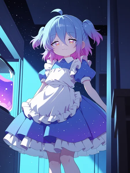 <lora:coco_euphorianic_illustrious:1>, coco \(euphorianic\), :3, flat chest, starry sky print, purple eyes, orange eyes, yellow eyes, multicolored eyes, bright pupils, two-tone hair, gradient hair, short twintails, medium hair, ahoge, hair between eyes, bangs, looking at viewer, barefoot, 
\(maid\), enmaided, dress, blue dress, collared dress, short sleeves, puffy sleeves, puffy short sleeves, frilled dress, apron, white apron, maid apron, frilled apron, waist apron, frills, skirt, blue skirt, petticoat, 
laboratory, indoors, [[lazypos]], standing,
masterpiece, best quality, amazing quality, very aesthetic, absurdres, newest <lora:spo_sdxl_10ep_4k-data_lora_webui:0.5><lora:cfg_scale_boost:0.5> volumetric lighting