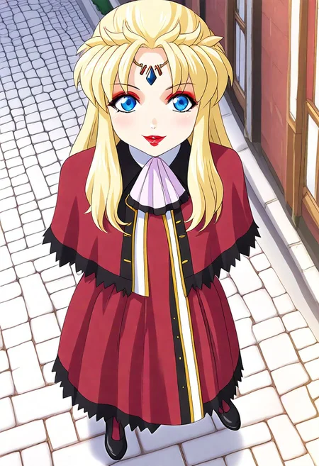 <lora:Hyper-SDXL-8steps-lora:1><lora:Fixhands_anime_bdsqlsz_V1:1> zPDXL2, score_9, score_8_up, score_7_up, source_anime, intricate details, perfect anatomy BREAK
1girl, solo, mature female, gsf-aura50yo, blonde hair, blue eyes, circlet, lipstick, makeup, gsf-aura50yo outfit, red capelet, white jacket, red skirt, black shoes, red pantyhose, 
from above, arms behind back, Flirty, A playful smile, arched eyebrows, and a slightly tilted head.,
outdoors, city, tokyo, japan,
 <lora:gsf-aura50yo_XL(pony)v10:1>