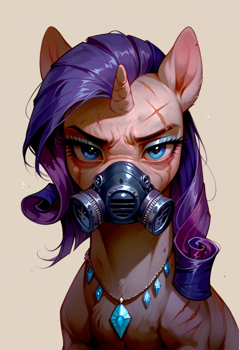 score_9, score_8_up, score_7_up, source_pony, solo, Rarity, looking at the viewer, (feral pony:1.5), scars, tired, annoyed, goggles over eyes, gas mask, gemstone necklace, gemstone jewelry, black marks under eyes, simple background, (detailed image, high resolution, 5k resolution:1.0), (horror art style:1.1)