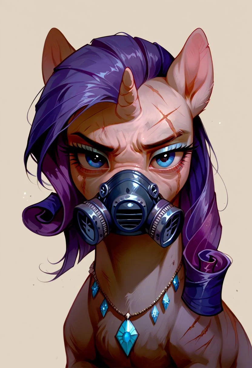 score_9, score_8_up, score_7_up, source_pony, solo, Rarity, looking at the viewer, (feral pony:1.5), scars, tired, annoyed, goggles over eyes, gas mask, gemstone necklace, gemstone jewelry, black marks under eyes, simple background, (detailed image, high resolution, 5k resolution:1.0), (horror art style:1.1)