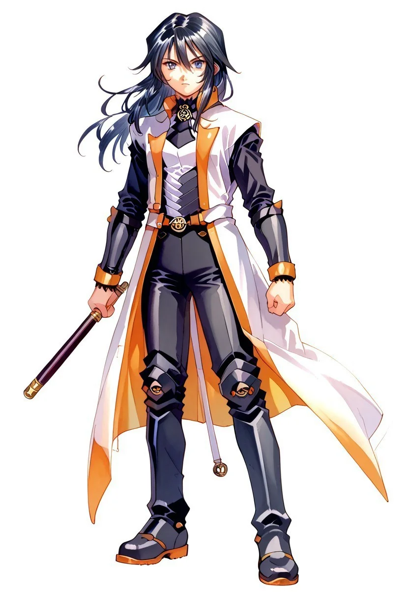 score_8, score_8_up, score_7_up, source_anime, traditional media, 1girl, female focus, solo, Azlier_SN, black hair, bangs, hair between eyes, long hair, sidelocks, grey eyes, white coat, collared coat, sleeveless coat, open coat, gorget, black gorget, brooch, white shirt, turtleneck shirt, black turtleneck, black sleeves, armor, belt, bracers, black pants, greaves, metal boots, full body, simple background, white background