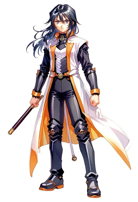 score_8, score_8_up, score_7_up, source_anime, traditional media, 1girl, female focus, solo, Azlier_SN, black hair, bangs, hair between eyes, long hair, sidelocks, grey eyes, white coat, collared coat, sleeveless coat, open coat, gorget, black gorget, brooch, white shirt, turtleneck shirt, black turtleneck, black sleeves, armor, belt, bracers, black pants, greaves, metal boots, full body, simple background, white background
