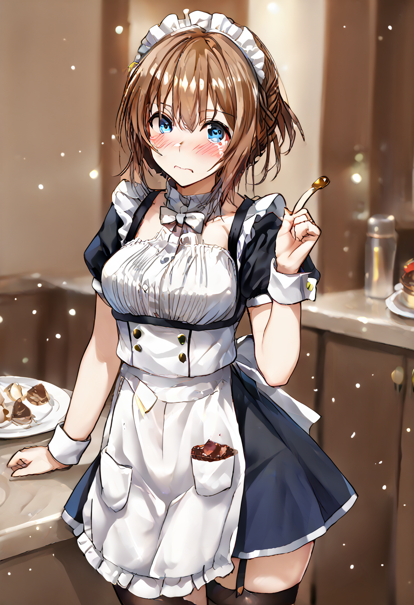 <lora:Repulse_Azur_Lane_v2:1> <lora:pony_good_hands:0.9> <lora:detail_eyes:0.5> score_9, score_8_up, score_7_up, source_anime, good_hands, 1girl, solo, index fingers together, Repulse \(azur lane\), alternate costume, blue eyes, brown hair, short hair, braid, blush, embarrassed, maid, maid headdress, black dress, turtleneck, white bowtie, waist apron, frilled apron, frilled dress, black thighhighs, frilled thighhighs, cowboy shot, garter straps, cowboy shot, indoors, kitchen, messy, food on clothes, spilled food,