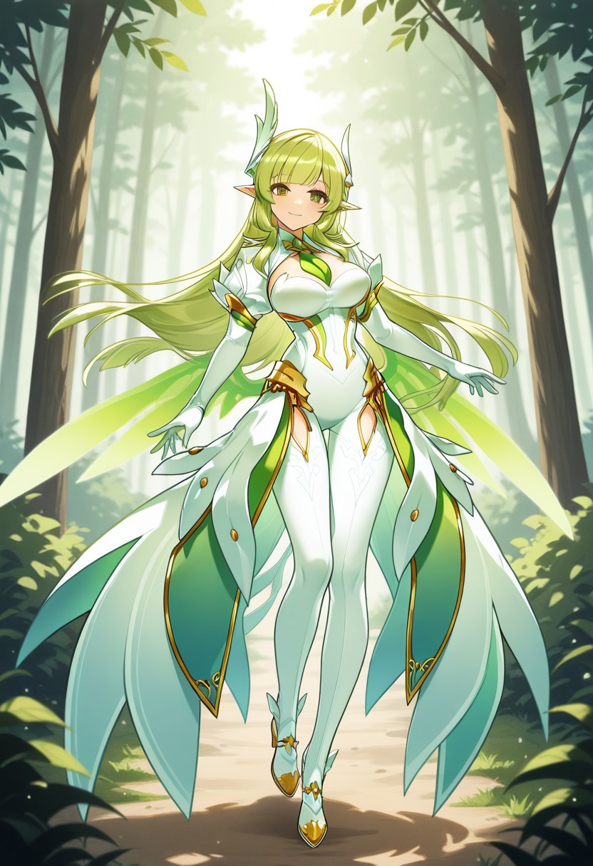 (masterpiece, best quality, highres, very aesthetic, very awa),
1 girl, RenaDB, green hair, long hair, very long hair, green eyes, RenaDB hair ornament, white hair ornament, cleavage, pointy ears, large breasts, clothing cutout, RenaDB leotard, leotard, strapless leotard,  shrug (clothing), white shrug, green necktie, necktie, green wings, RenaDB wings,  elbow gloves, RenaDB elbow gloves, feather-trimmed sleeves, puffy short sleeves, RenaDB puffy short sleeves, white skirt, pantyhose, RenaDB pantyhose,  white pantyhose, thigh cutout, high heel boots, renaDB boots , forest background, day, look at viewer, smile