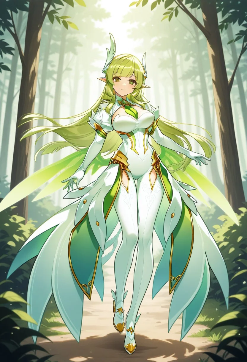(masterpiece, best quality, highres, very aesthetic, very awa),
1 girl, RenaDB, green hair, long hair, very long hair, green eyes, RenaDB hair ornament, white hair ornament, cleavage, pointy ears, large breasts, clothing cutout, RenaDB leotard, leotard, strapless leotard, shrug (clothing), white shrug, green necktie, necktie, green wings, RenaDB wings, elbow gloves, RenaDB elbow gloves, feather-trimmed sleeves, puffy short sleeves, RenaDB puffy short sleeves, white skirt, pantyhose, RenaDB pantyhose, white pantyhose, thigh cutout, high heel boots, renaDB boots , forest background, day, look at viewer, smile