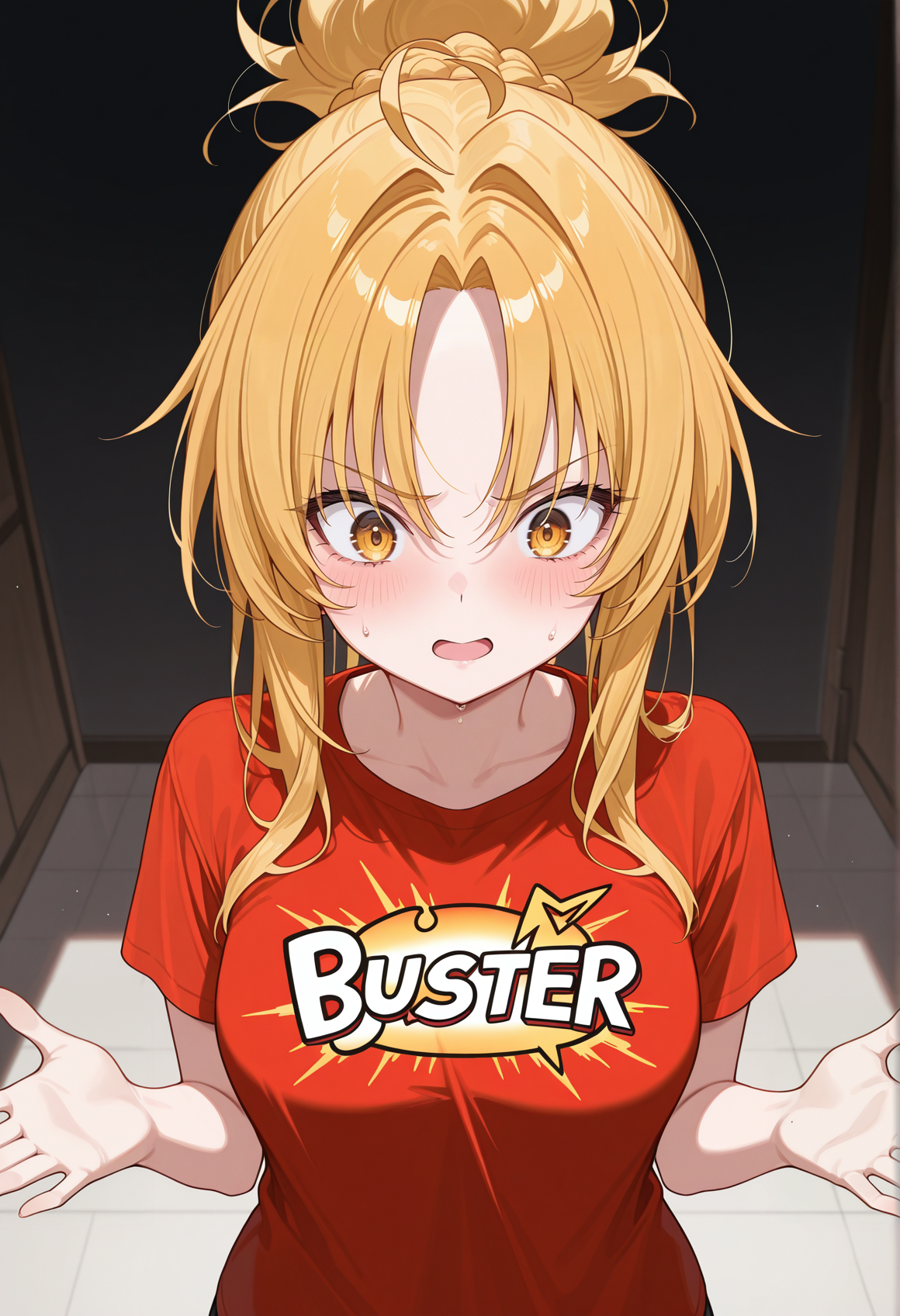 1girl, blonde hair, yellow eyes, ponytail, braid, hair ornament, buster shirt, medium breasts, shrugging,  <lora:nobuna_illus:1>, masterpiece, best quality, amazing quality, very aesthetic, absurdres, highres, newest