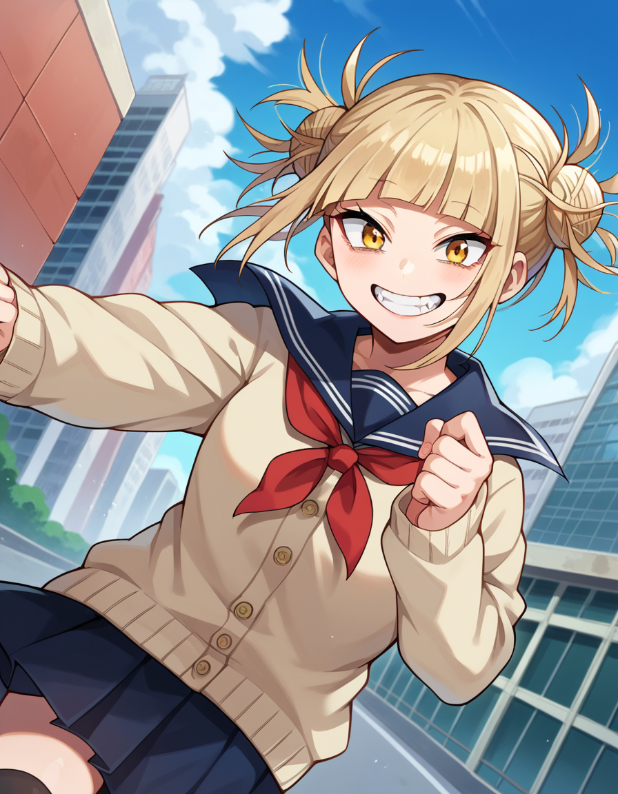 score_9, score_8_up, score_7_up, source_anime,
himikotoga, <lora:himiko-toga-ponyxl-lora-nochekaiser:1>,
himiko toga, bangs, blonde hair, yellow eyes, blunt bangs, hair bun, double bun, messy hair, smile, grin,
skirt, long sleeves, school uniform, pleated skirt, shoes, serafuku, socks, sailor collar, blue skirt, neckerchief, kneehighs, brown footwear, cardigan, black socks, loafers, red neckerchief, yellow cardigan,
outdoors, cityscape,
looking at viewer, cowboy shot, dutch angle, dynamic pose,