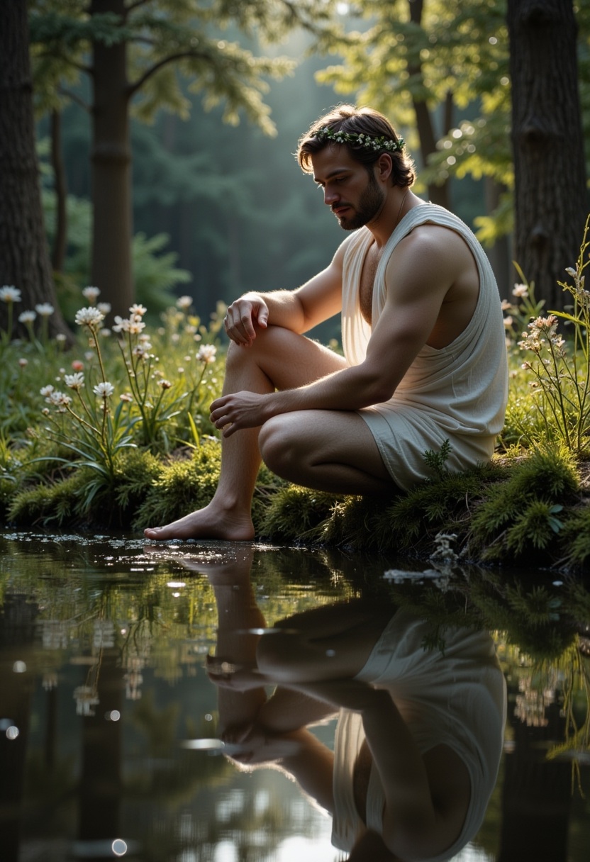 This is a highly detailed, cgi-rendered image of a stylized, ornate Alexios, hamanv1, cinematic shadow pattern style
((You are a professional photographer working with an analog photo camera, making masterpiece sensual photographs. Photos are non-explicit, but they are exceptionally emotional, alluring and sensual)).
Mesmerizing waist-long portrait of a virile alluring very masculine, muscular, lean, slender, beautiful Greek man (mid 20s) kneels at the mossy edge of a forest lake, his sculpted profile and flowing chestnut curls mirrored perfectly in the obsidian-black water. Subject definition: incredibly alluring, virile, muscular slender lean male, very hairy chest, muscular arms, chestnut hair frames his beautiful face with jade-green large eyes. He is watching his mirrored reflection in water, flowers are woven into his hair.
The scene fractures into three layers:
Foreground: Narcissus’s alabaster skin gilded by dappled sunlight, his fingers brushing the water’s surface - ripples distorting his reflection. Hyper-detailed textures: dewdrops on his laurel wreath, frayed edges of his chiton, airborne iridescent dragonflies frozen mid-flight.
Midground: His mirrored face is flawless, untouched by ripples, watches the viewers with bottomless large green eyes.
Background: The forest transforms into a fresco of fading Greco-Roman murals, Echo’s spectral figure weeping in the foliage. Time-lapse effect: The lake’s surface cycles from dawn (gold) to twilight (indigo), his eternity trapped in the moment.
Technical & Stylistic Notes:
Lighting: chiaroscuro, with a single shaft of light illuminating Narcissus’s face while the lake absorbs all warmth. Golden hour, god's rays, backlit hair.
Palette: Athenian white marble tones vs. milky-glossy jade and Hades-inspired underworld blues (Pantone 19-4052 TCX).
Lens Simulation: Tilt-shift 85mm f/2.8, shallow focus on the reflection’s decay.
Hyper-detailed, long exposure, motion blur, photorealistic, ornate, intricate, intrinsic details, cinematic shot, bokeh. ((Dutch angle!)). Imposing side view, perfect rendering, real, masterpiece of photography, very detailed, very high quality, 8K, UHD, HDR, sharp focus on man's face and torso, shallow depth of field.
