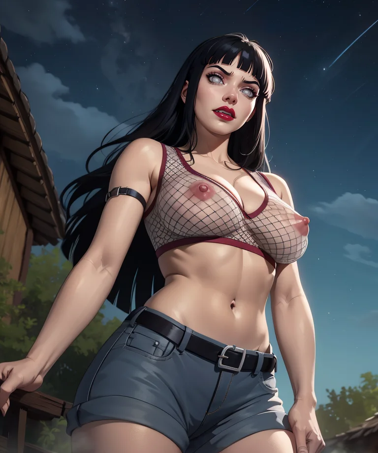 Hinata,black hair,blunt bangs,no pupils,grey eyes,long hair,red lipstick,clenched teeth,
shorts,smug,belt,toned,navel,midriff,cleavage,large breasts,covered nipples,see-through shirt,
solo,night,from below,standing,
village,outdoors,
(insanely detailed, masterpiece, best quality,),<lora:HinataRTN:0.9>,