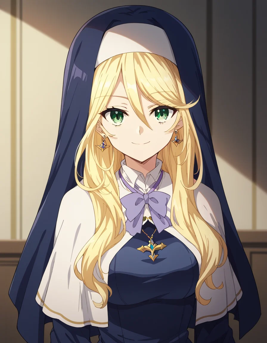 score_9, score_8_up, score_7_up, source_anime, <lora:sharon-holygrail-s1-ponyxl-lora-nochekaiser:1>, sharon holygrail, long hair, blonde hair, hair between eyes, green eyes,, bow, jewelry, earrings, bowtie, necklace, purple bow, nun, habit, purple bowtie, capelet, white capelet,, indoors, smile, looking at viewer, solo,, cowboy shot, dutch angle