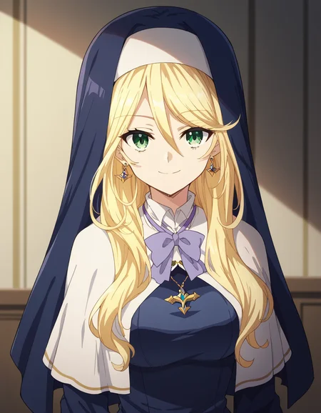 score_9, score_8_up, score_7_up, source_anime, <lora:sharon-holygrail-s1-ponyxl-lora-nochekaiser:1>, sharon holygrail, long hair, blonde hair, hair between eyes, green eyes,, bow, jewelry, earrings, bowtie, necklace, purple bow, nun, habit, purple bowtie, capelet, white capelet,, indoors, smile, looking at viewer, solo,, cowboy shot, dutch angle