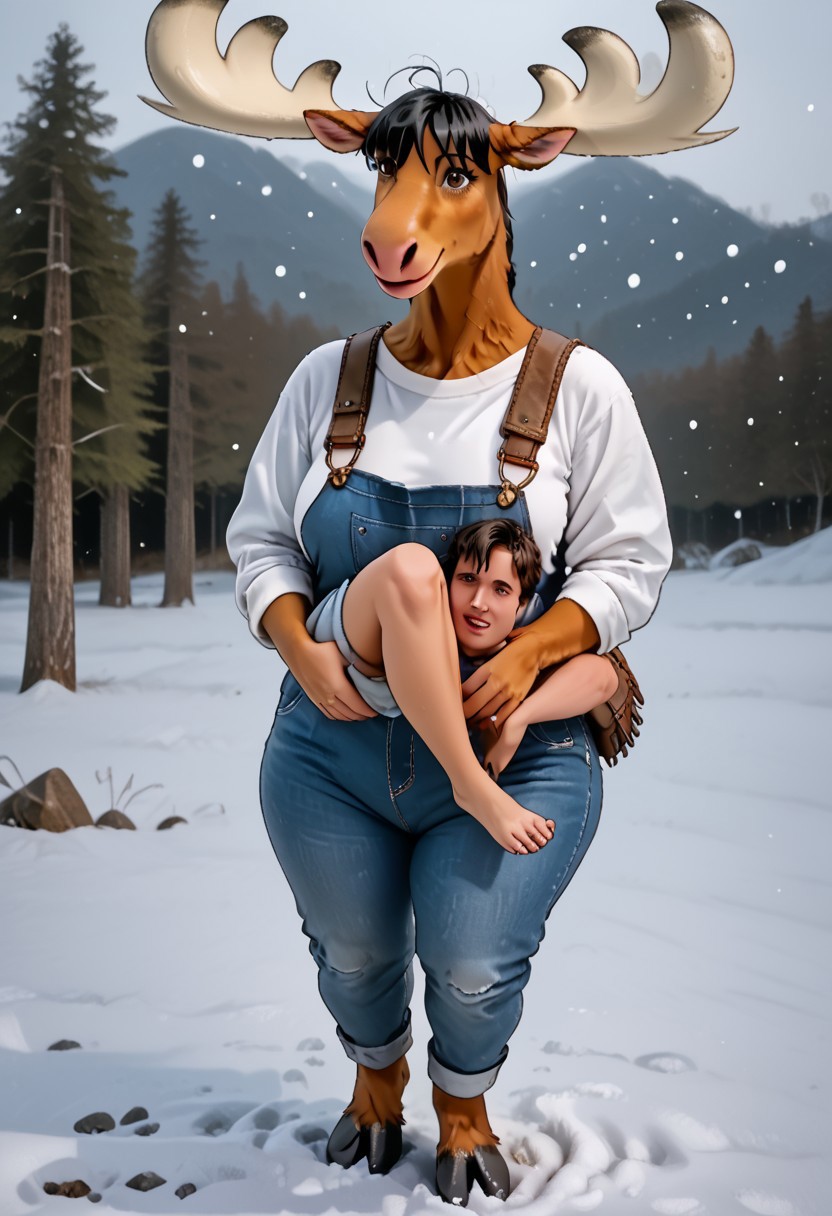masterpiece, best quality, high resolution, absurdres, 1 girl, moose,1 male,(male human,hiker), realistic, dynamic angle,source_furry×human, cineppmatic, Snow hiking trails 
1 girl,becky moose, anthro moose, brown eyes, HUGE breasts, thick thighs,brown fur, LARGER female,large butt,clos_pers, close-up, perspective, jeans overalls,
The jean legs bunched awkwardly over her hooves((hooves feet)), and the questionable shirt strained uncomfortably across her chest. 
1 male, human male, black hair, short height difference, bangs, hair over eyes, carrying hiking equipment, wearing hiking 🥾 shoes and clothes,As he drew nearer, his eyes widened. He stumbled, a gasp escaping his lips, and crumpled into the snowdrift. 
<Becky moose hesitated. She wasn't used to humans reacting this way. Usually, they ran. But he lay still, a pathetic lump of bright fabric against the pristine snow.>
Background:ruanyi0732,snowing,depth_of_field, mountain Forest, hiking trails