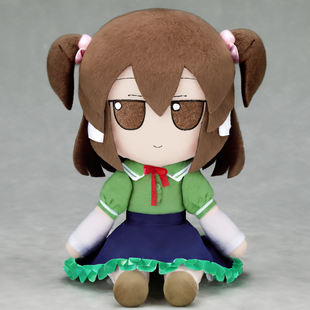 1girl, fumo, brown hair, brown eyes, smile, full body, sitting, green shirt, blue skirt <lora:fumoxl:1.3>