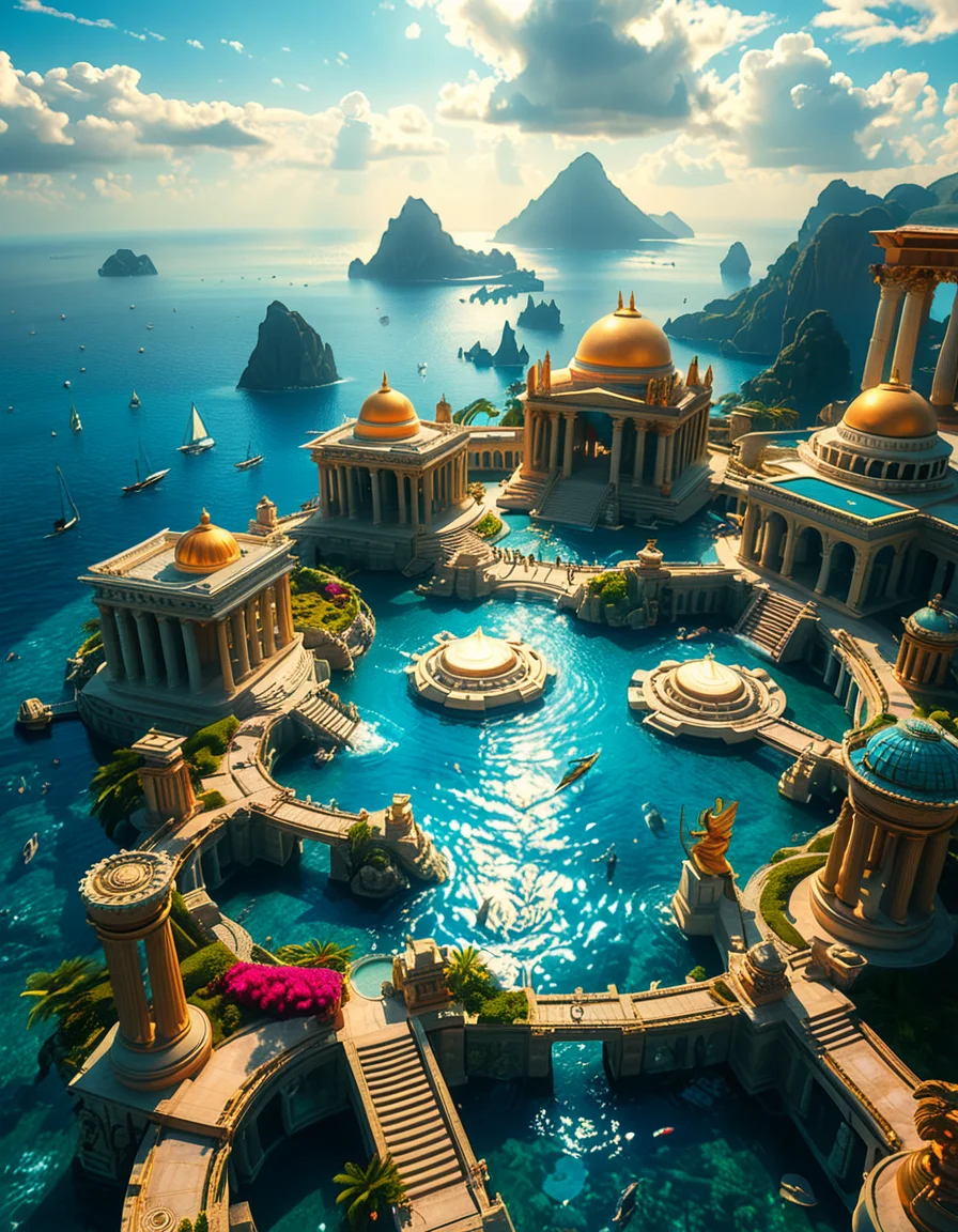 A breathtaking view of the lost city of Atlantis, submerged beneath crystal-clear ocean waters. The city showcases a magnificent blend of ancient Greek and futuristic architecture, with towering marble temples, golden domes, and intricate carvings glowing under the soft bioluminescent light of coral reefs. Majestic pillars and archways, partially covered in coral and algae, rise from the ocean floor, creating an atmosphere of mystery and forgotten grandeur. The sunlight filters through the water, casting shimmering patterns on the grand stone pathways and illuminating massive statues of gods and mythical beings, eroded by time. The scene is peaceful and awe-inspiring, with an ethereal blue glow enhancing the dreamlike, almost magical quality of this underwater utopia. No marine creatures or human presence disrupt the timeless serenity of this lost civilization.
 <lora:atl4nt1s:1>,atl4nt1s,<lora:SDXLFaeTastic2400:0.4> <lora:extremely_detailed:0.4> extremely detailed, Masterpiece,best quality,hi res,8k,hi res,8k,award winning,(sharp focus, intricate, highly detailed),