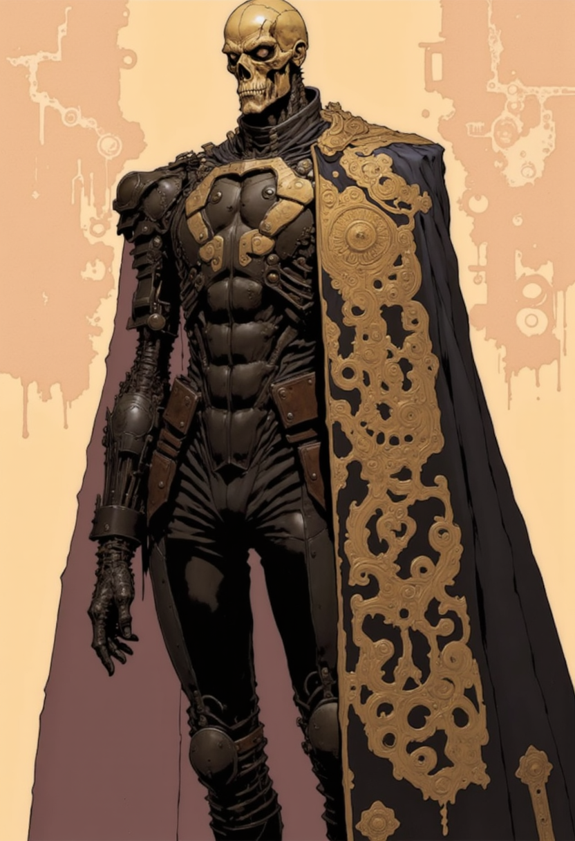 This image is a highly detailed digital illustration in a semi-realistic, high-fantasy style. The subject is a skeletal humanoid figure with a robotic exoskeleton, standing in a commanding pose. The exoskeleton is predominantly black with intricate, gold-colored mechanical details and patterns, giving it a futuristic yet ornate appearance. The figure's head is that of a skull, devoid of flesh, with hollow eye sockets and a skeletal structure visible. The exoskeleton extends down the figure's arms, legs, and torso, with visible joints and mechanical parts.

The figure is adorned in a long, flowing cape that drapes down to the ground, featuring elaborate gold patterns and designs. The cape is dark in color, possibly black or navy blue, with the gold accents adding a regal and imposing quality. The figure is dressed in a high-collared, form-fitting suit that matches the exoskeleton's color, with gold accents and detailing that mirror the cape's design.

The background is a muted, beige color with faint, abstract mechanical shapes and lines, suggesting an industrial or technological setting. The overall composition and color palette create a striking contrast between the dark, mechanical figure and the light, ethereal background.

Art by Jesper Ejsing, Matt Fraction, Sergio Toppi, Dorohedoro. Mangaka style.