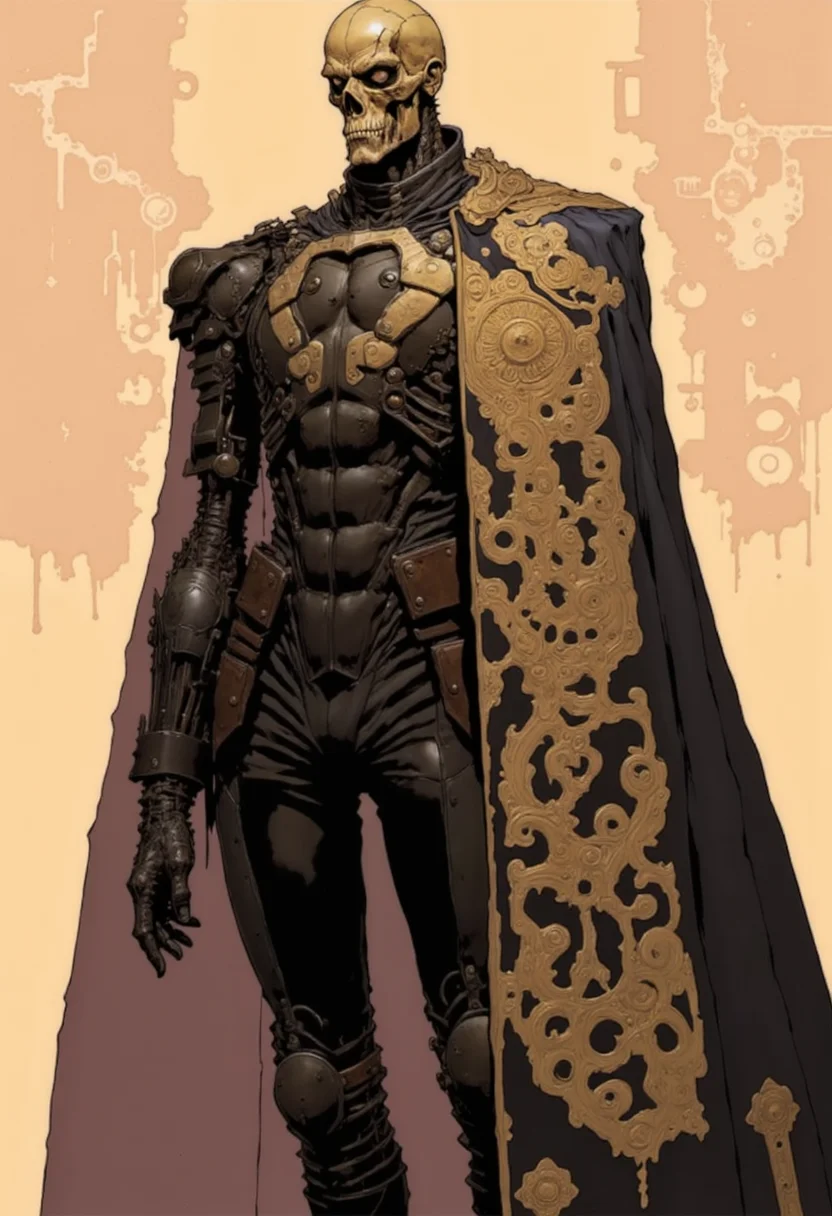 This image is a highly detailed digital illustration in a semi-realistic, high-fantasy style. The subject is a skeletal humanoid figure with a robotic exoskeleton, standing in a commanding pose. The exoskeleton is predominantly black with intricate, gold-colored mechanical details and patterns, giving it a futuristic yet ornate appearance. The figure's head is that of a skull, devoid of flesh, with hollow eye sockets and a skeletal structure visible. The exoskeleton extends down the figure's arms, legs, and torso, with visible joints and mechanical parts.
The figure is adorned in a long, flowing cape that drapes down to the ground, featuring elaborate gold patterns and designs. The cape is dark in color, possibly black or navy blue, with the gold accents adding a regal and imposing quality. The figure is dressed in a high-collared, form-fitting suit that matches the exoskeleton's color, with gold accents and detailing that mirror the cape's design.
The background is a muted, beige color with faint, abstract mechanical shapes and lines, suggesting an industrial or technological setting. The overall composition and color palette create a striking contrast between the dark, mechanical figure and the light, ethereal background.
Art by Jesper Ejsing, Matt Fraction, Sergio Toppi, Dorohedoro. Mangaka style.