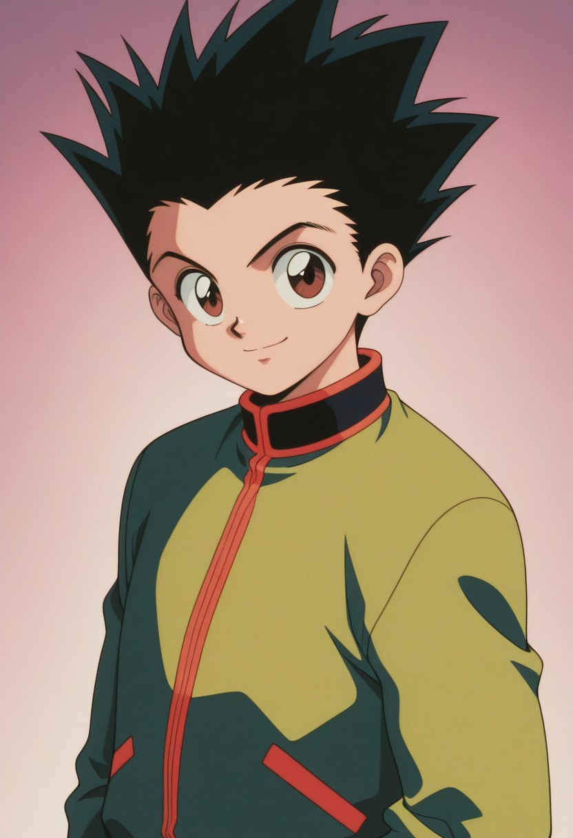 masterpiece,best quality,amazing quality, source_anime, retro_artstyle,
GoFurik, 1boy, male focus, solo, brown eyes, black hair, forehead, jacket, green jacket, upper body, smile, determined, looking at viewer,