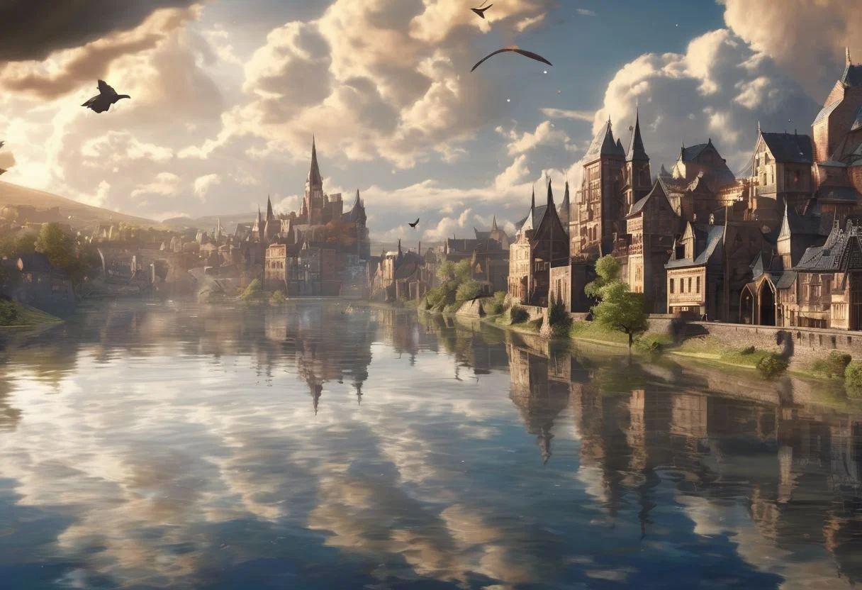 Bird flying over a fantasy city. The buildings made of brick with the art style being that of an old anime. The clouds cast shadows along the land while godrays protrude through them. The bird is flying over a river that cuts along the center of the city with a beautiful reflection. The scene is highly detailed. 4k.hd.