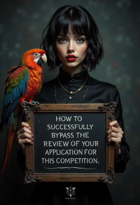 masterpiece, realistic scenery, ultra high quality, a gorgeous 23yo teacher, holds a black board with text "HOW TO SUCCESSFULLY BYPASS THE REVIEW OF YOUR APPLICATION FOR THIS COMPETITION", dark red lipstick, smokey eyes make-up, black short bob hair style, colorful parrot, (text clearly visible, focus text:1.2), SFW, dark fantasy, eerie, horror, <lora:Flux Darkfantasy_epoch_1>