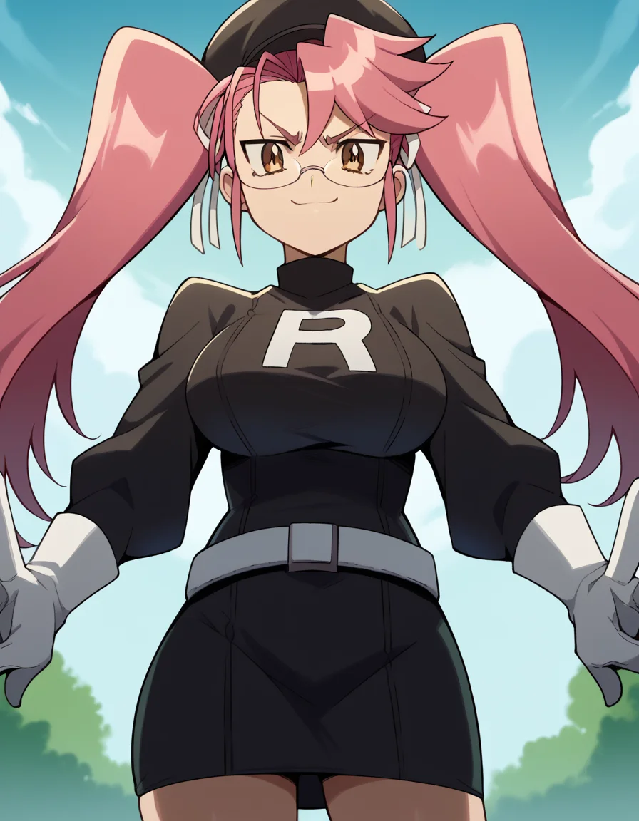 score_9, score_8_up, score_7_up, source_anime, sayatakagi, <lora:saya-takagi-ponyxl-lora-nochekaiser:1>, saya takagi, long hair, ribbon, twintails, brown eyes, hair ribbon, pink hair, glasses, large breasts,, <lora:team-rocket-uniform-ponyxl-lora-nochekaiser:1>, team rocket uniform, black hat, black shirt, black skirt, white belt, white gloves, single letter,, smile, smug, v, outdoors,, cowboy shot, dutch angle, looking at viewer,