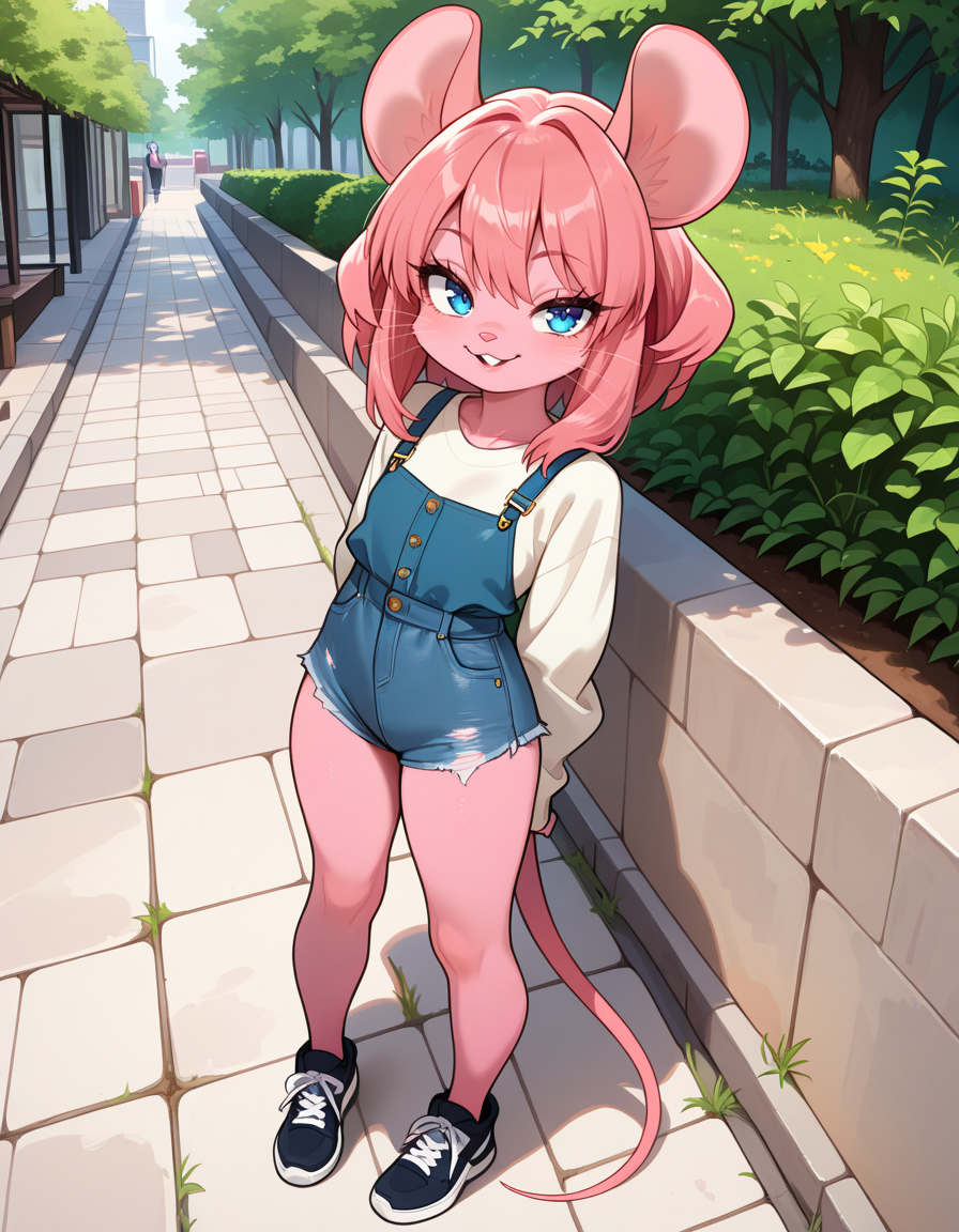 masterpiece, best quality, very aesthetic, absurdres,
outdoors, casual, 
full body, standing, posing, 
 seductive smile, parted lips, long eyelashes,
 <lora:Mouse_Girl_v01_NAIXL:1>
M0sgr1,1girl,solo,furry,furry female,mouse girl,mouse ears,pink hair,short hair,blue eyes,snout,animal nose,whiskers,buck teeth,body fur,pink fur,mouse tail,
