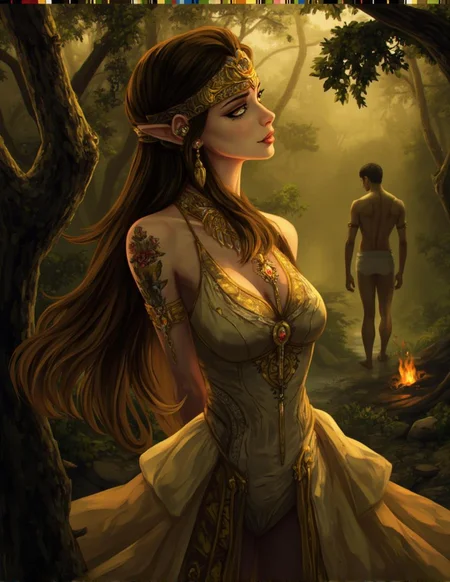 <lora:ck-LttleGhost-000011.safetensors:1> in the style of ck-lttlegh0stThe subject is: A digital artwork featuring a 24 year old woman.
This digital artwork presents a stunningly rendered image that transports the viewer to an otherworldly realm. The central figure is a slender, attractive 24 year old woman with a porcelain-like complexion and rich, dark brown locks that cascade down her back like a waterfall of night. Her countenance is one of introspective contemplation, her features softening into a subtle, enigmatic smile as if she has been lost in thought. However, it's not just her facial expression that exudes an aura of mystery; the entire composition seems to be shrouded in an impenetrable veil of secrecy.
She is adorned with a majestic headdress that appears to be crafted from the finest gold and precious gems, its intricate design glinting like a thousand tiny suns as it crowns her head. The jewelry on her ears is equally breathtaking, consisting of elaborately designed gold pieces that seem to be woven together by an invisible thread of magic. Her attire is an opulent masterpiece, replete with delicate embroidery and a striking color palette that seems to have been plucked directly from the depths of a golden sunset.
As she stands poised against a backdrop of swirling mist and gnarled tree trunks, her curvaceous figure is accentuated by the flowing folds of fabric that cling tantalizingly to every contour. Her eyes seem to hold a depth of wisdom and experience beyond her years, as if she has borne witness to secrets and mysteries that would be lost on mortal ears.
In the distant background, a Native American man with a lean, chiseled physique stands partially hidden behind a veil of mist, his back turned towards us as he gazes out into the unknown. The only hint of his presence is the flickering light emanating from the campfire at his feet, casting an eerie glow that seems to sear itself onto the surrounding foliage like a brand.
The overall atmosphere is one of ethereal romance, redolent with the whispers of ancient myths and forgotten lore.