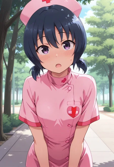 masterpiece,best quality,amazing quality, funabori, dark blue hair, purple eyes, twintails, 1girl, solo, nurse cap, hat, nurse, tree, looking at viewer, sweatdrop, day, open mouth, outdoors, short twintails, short hair