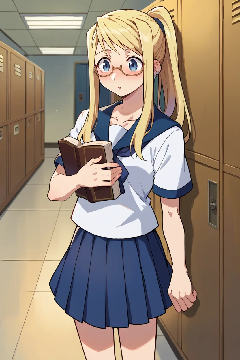score_9, score_8_up, score_7_up, score_6_up, source_anime BREAK 1girl, solo <lora:winry-pdxl-nvwls-v1-000006:1> winry rockbell, blonde hair, earrings, ponytail, blue sailor collar, white shirt, short sleeves, neckkerchief, pleated skirt, glasses, blush, holding book, hallway, lockers