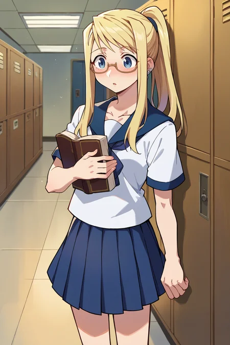 score_9, score_8_up, score_7_up, score_6_up, source_anime BREAK 1girl, solo <lora:winry-pdxl-nvwls-v1-000006:1> winry rockbell, blonde hair, earrings, ponytail, blue sailor collar, white shirt, short sleeves, neckkerchief, pleated skirt, glasses, blush, holding book, hallway, lockers