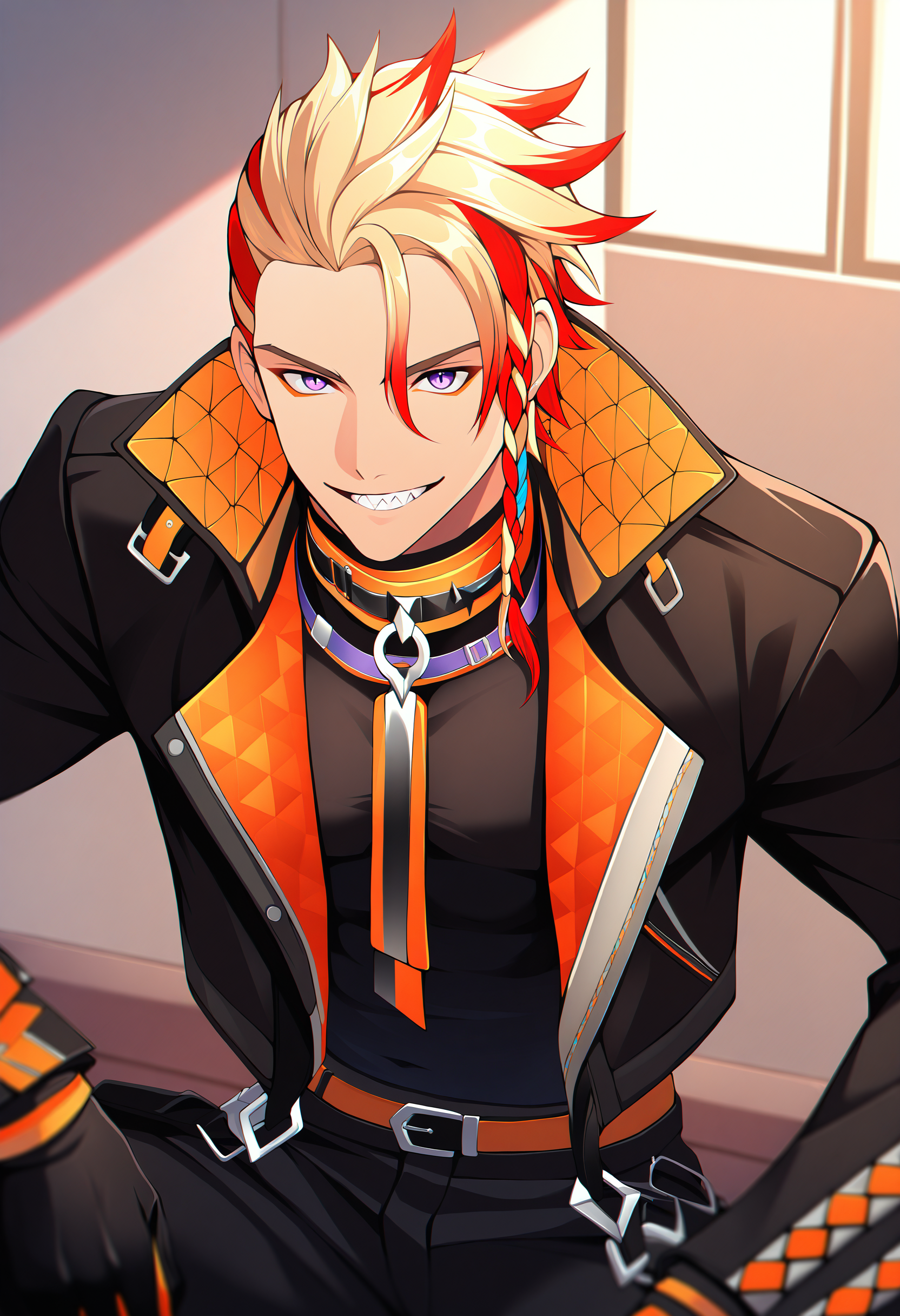 axel syrios, axel syrios \(1st costume\), 1boy, male focus, solo, blonde hair, black pants, black gloves, black jacket, black shirt, belt, streaked hair, side braid, purple eyes, cropped jacket, long sleeves, hair between eyes, open jacket, short hair,
sharp teeth, grin, looking at viewer, sitting,
indoors, dappled sunlight, window shade,
masterpiece, best quality, very aesthetic, absurdres
<lora:holostars_allmems_illustrious_v1:1>
<lora:illustrious_noobai_epsilon_pred_1_masterpieces_v1:1>