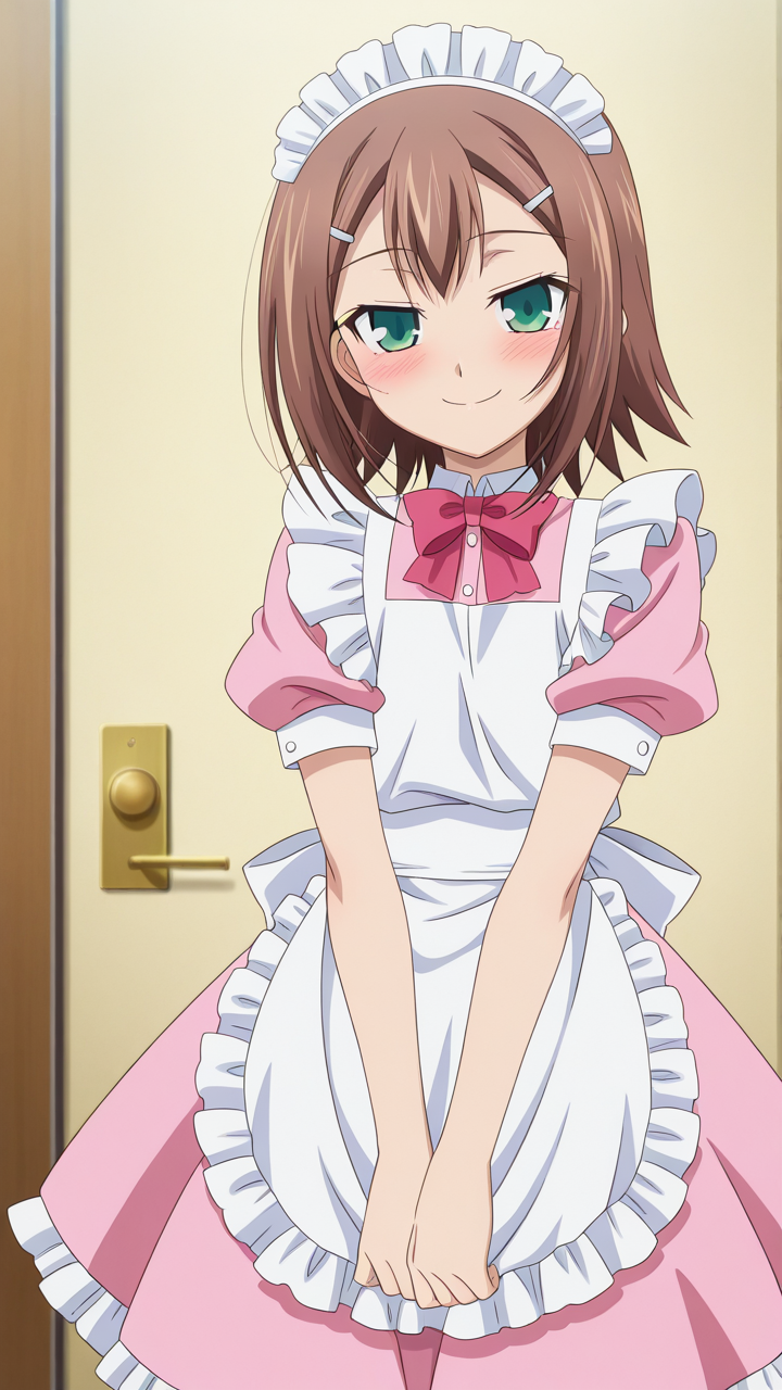 smile, blush,, masterpiece, best quality, amazing quality, very aesthetic, absurdres, newest, anime screencap, <lora:checkpoint-e18_s864:1>, kinoshita hideyoshi, otoko no ko, brown hair, green eyes, short hair, hairclip, maid, maid apron, frills, frilled dress, pink dress, maid headdress,
