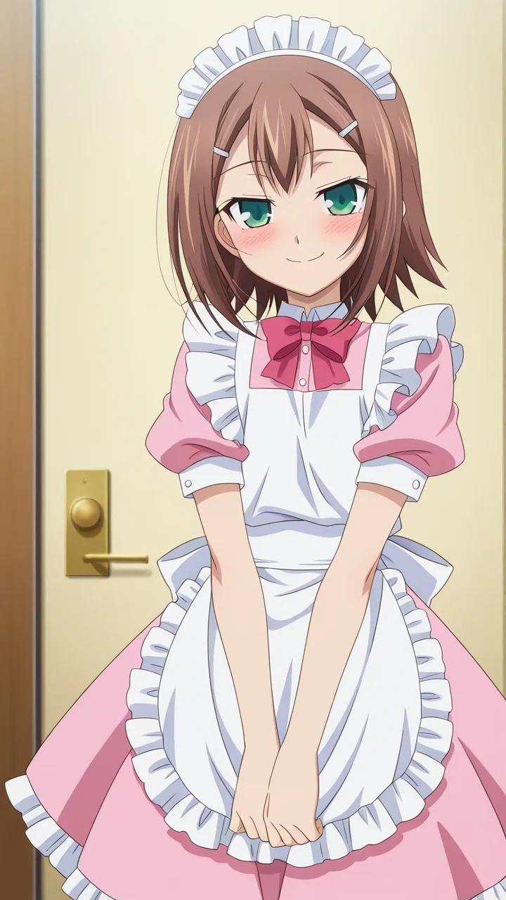 smile, blush,, masterpiece, best quality, amazing quality, very aesthetic, absurdres, newest, anime screencap, <lora:checkpoint-e18_s864:1>, kinoshita hideyoshi, otoko no ko, brown hair, green eyes, short hair, hairclip, maid, maid apron, frills, frilled dress, pink dress, maid headdress,
